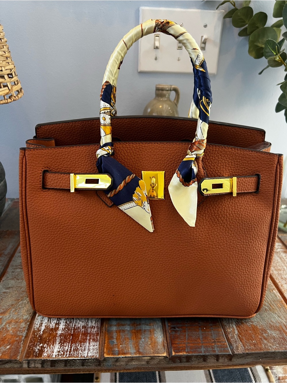 NWOT Birkin Style Pebbled Satchel Tote Bag - Cognac Brown - Picture 2 of 12
